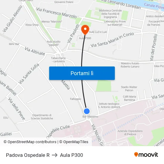 Padova Ospedale R to Aula P300 map