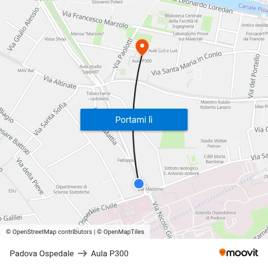 Padova Ospedale to Aula P300 map