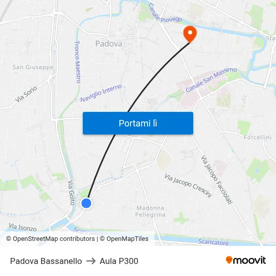 Padova Bassanello to Aula P300 map