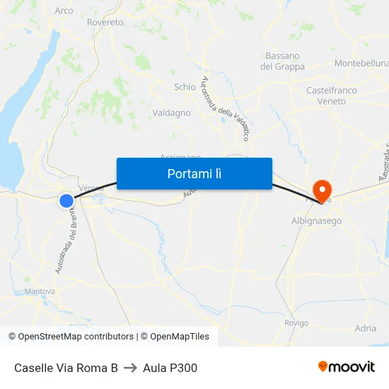 Caselle Via Roma B to Aula P300 map