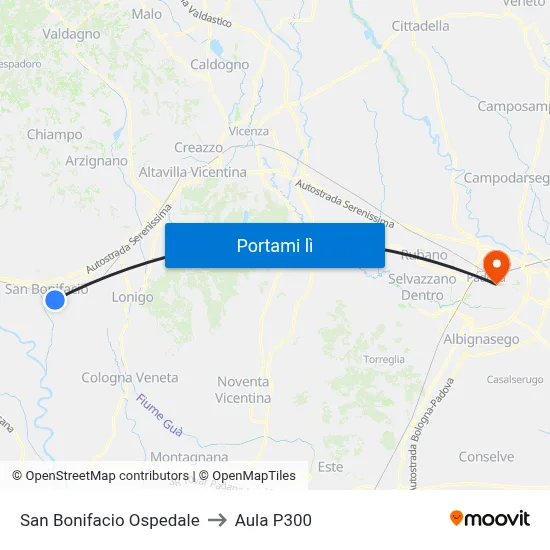 San Bonifacio Ospedale to Aula P300 map
