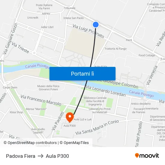 Padova Fiera to Aula P300 map