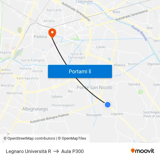 Legnaro Università R to Aula P300 map