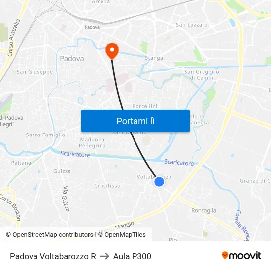 Padova Voltabarozzo R to Aula P300 map