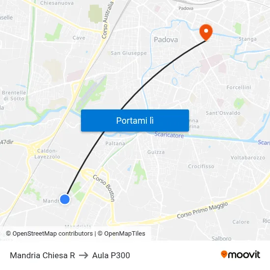 Mandria Chiesa R to Aula P300 map