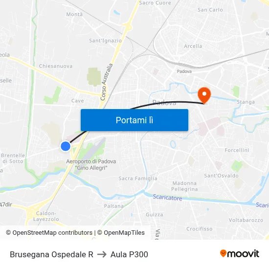 Brusegana Ospedale R to Aula P300 map
