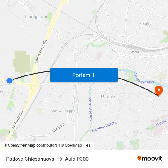 Padova Chiesanuova to Aula P300 map