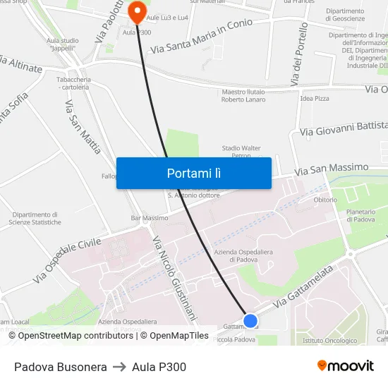 Padova Busonera to Aula P300 map