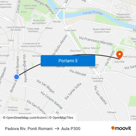 Padova Riv. Ponti Romani to Aula P300 map