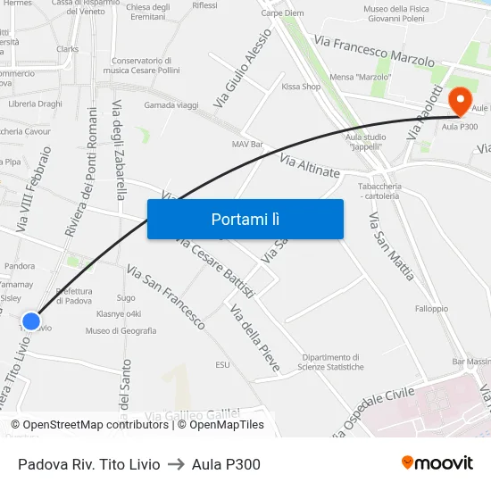 Padova Riv. Tito Livio to Aula P300 map