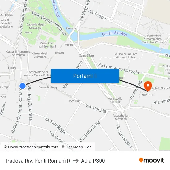 Padova Riv. Ponti Romani R to Aula P300 map
