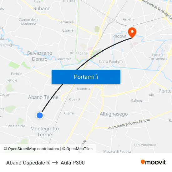 Abano Ospedale R to Aula P300 map