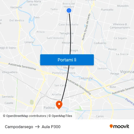 Campodarsego to Aula P300 map