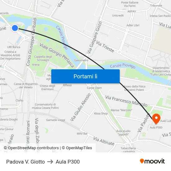 Padova V. Giotto to Aula P300 map