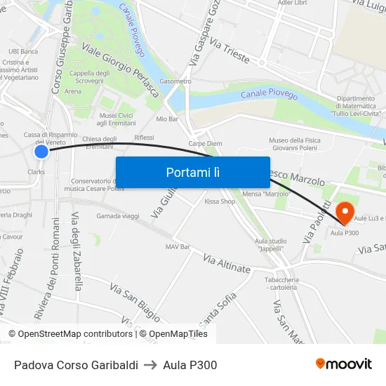 Padova Corso Garibaldi to Aula P300 map