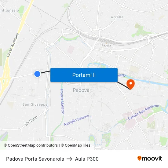 Padova Porta Savonarola to Aula P300 map
