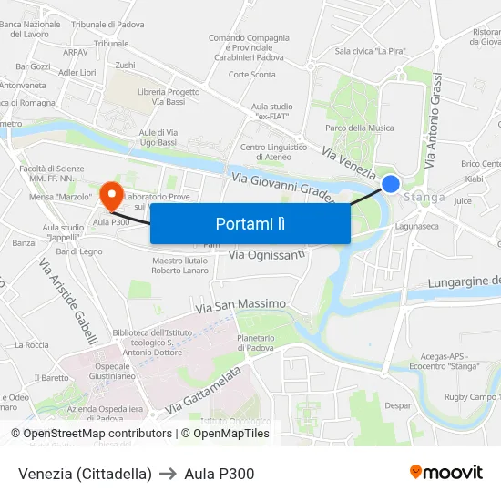 Venezia (Cittadella) to Aula P300 map
