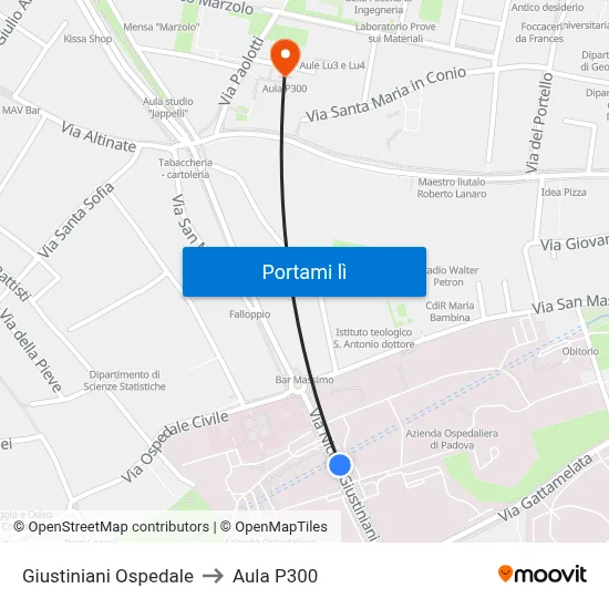 Giustiniani Ospedale to Aula P300 map