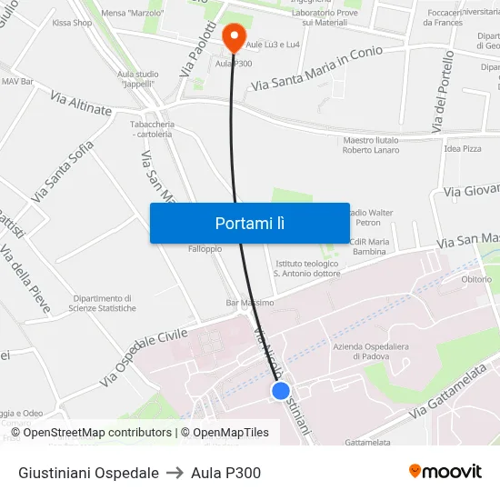 Giustiniani Ospedale to Aula P300 map