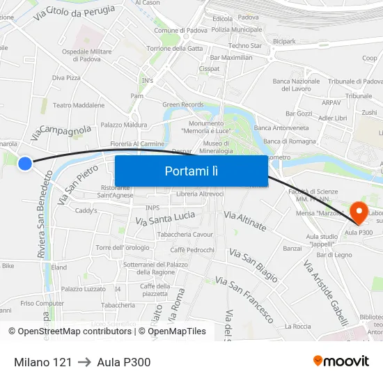 Milano 121 to Aula P300 map