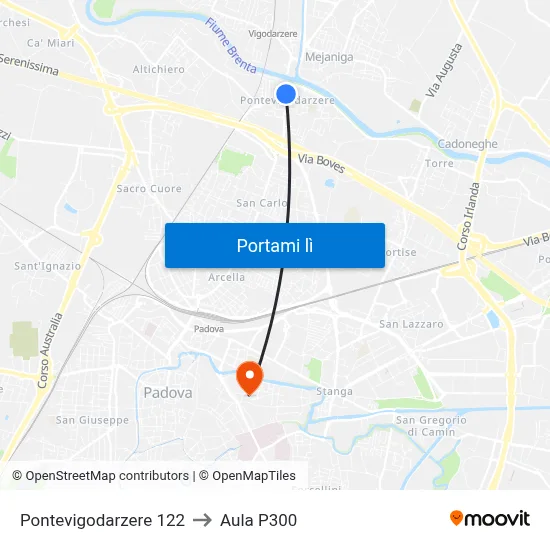 Pontevigodarzere 122 to Aula P300 map