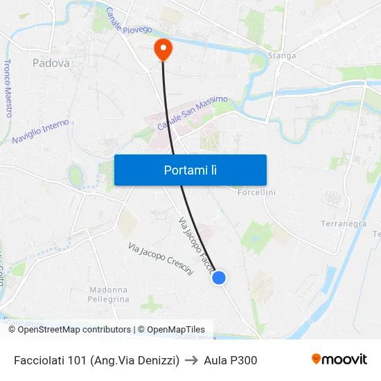 Facciolati 101 (Ang.Via Denizzi) to Aula P300 map