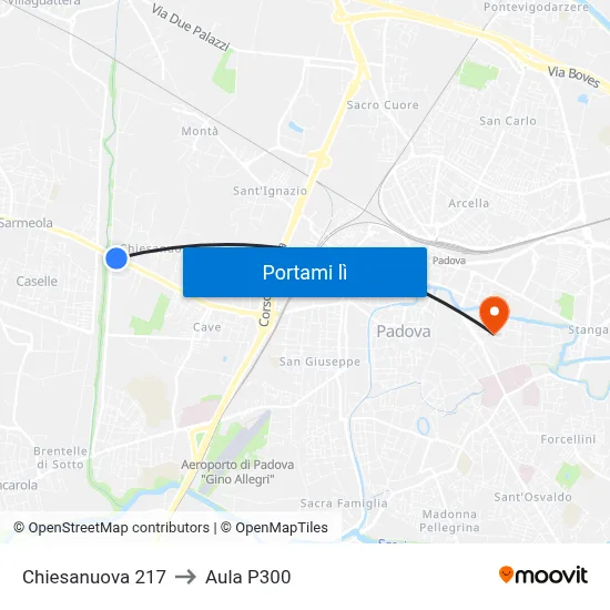 Chiesanuova 217 to Aula P300 map