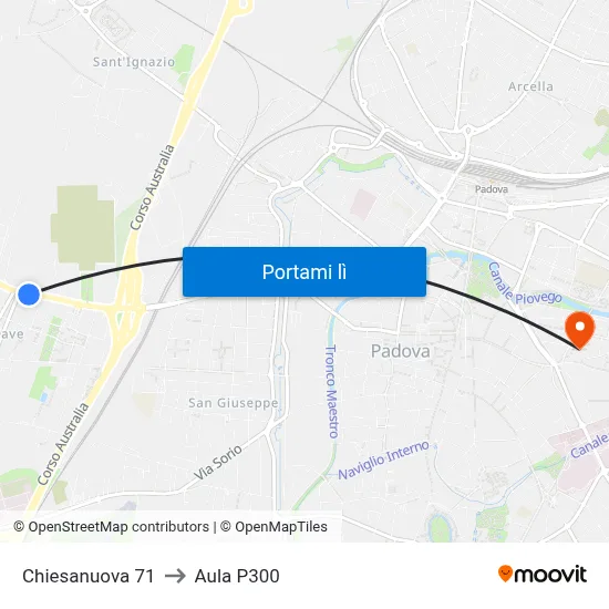 Chiesanuova 71 to Aula P300 map