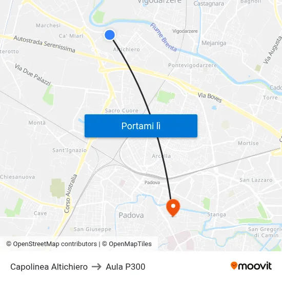 Capolinea Altichiero to Aula P300 map