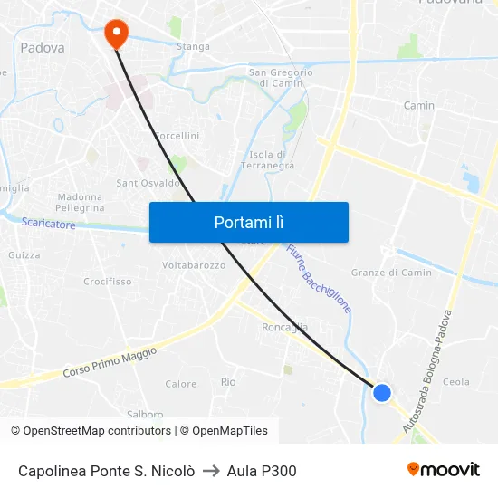 Capolinea Ponte S. Nicolò to Aula P300 map
