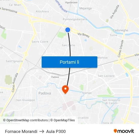 Fornace Morandi to Aula P300 map