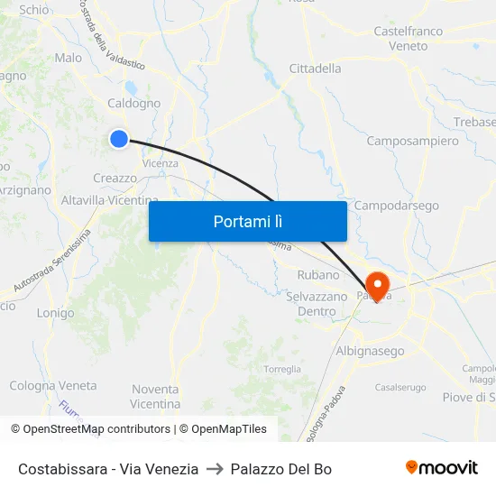 Costabissara - Via Venezia to Palazzo Del Bo map