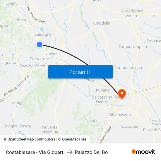 Costabissara - Via Gioberti to Palazzo Del Bo map