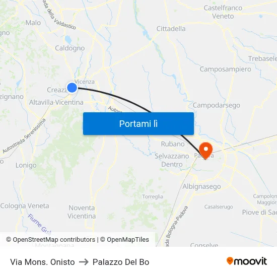 Via Mons. Onisto to Palazzo Del Bo map