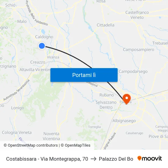 Costabissara - Via Montegrappa, 70 to Palazzo Del Bo map