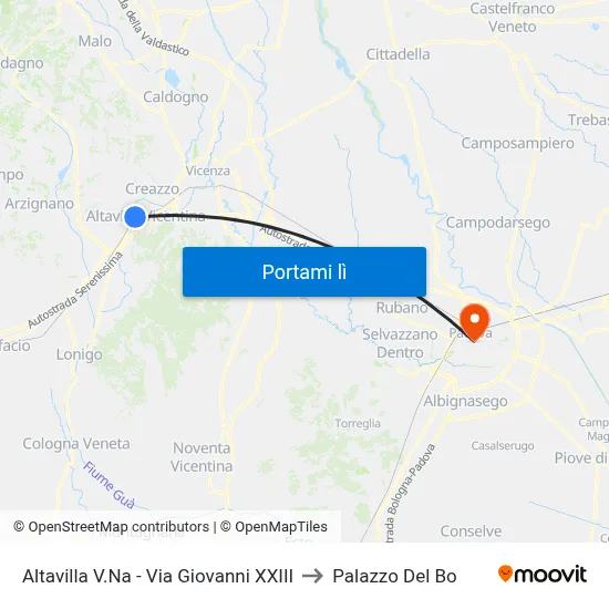 Altavilla V.Na - Via Giovanni XXIII to Palazzo Del Bo map