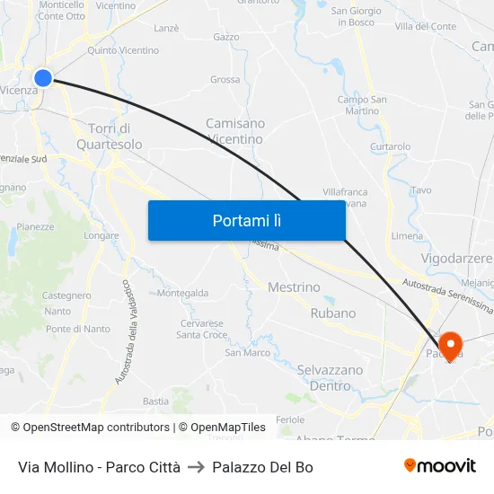 Via Mollino - Parco Città to Palazzo Del Bo map