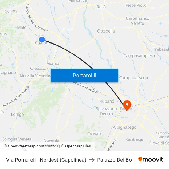 Via Pomaroli - Nordest (Capolinea) to Palazzo Del Bo map