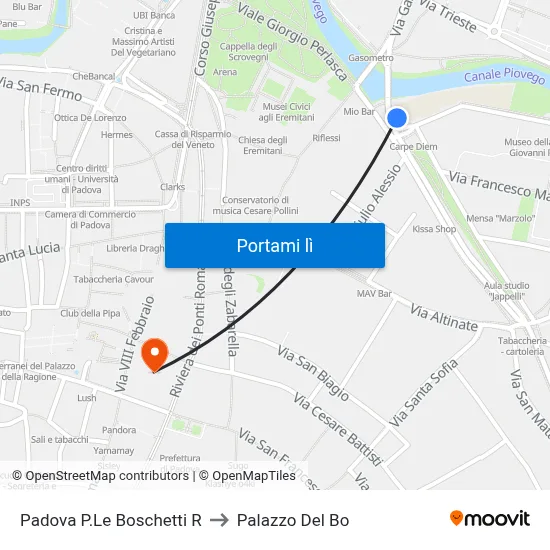 Padova P.Le Boschetti R to Palazzo Del Bo map