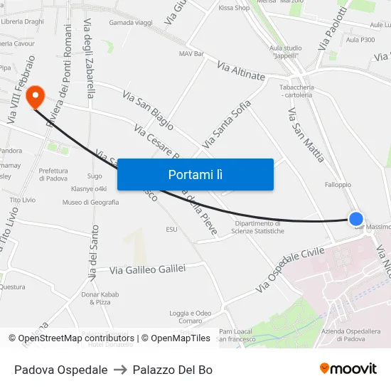 Padova Ospedale to Palazzo Del Bo map