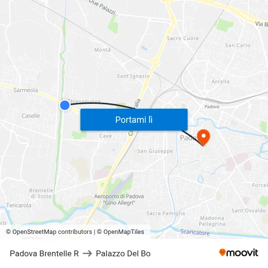 Padova Brentelle R to Palazzo Del Bo map