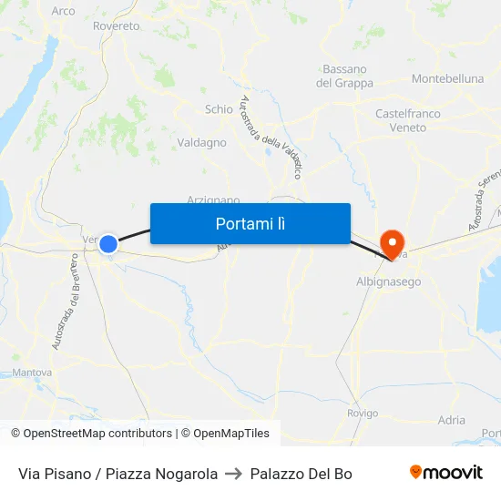 Via Pisano / Piazza Nogarola to Palazzo Del Bo map