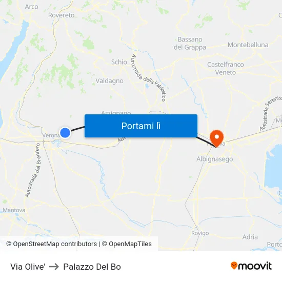 Via Olive' to Palazzo Del Bo map
