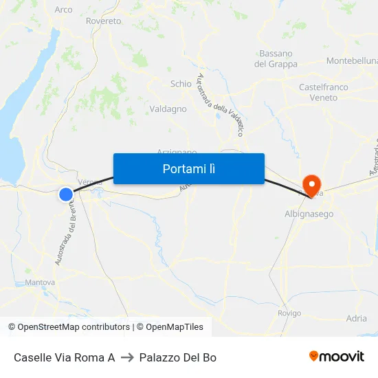 Caselle Via Roma A to Palazzo Del Bo map