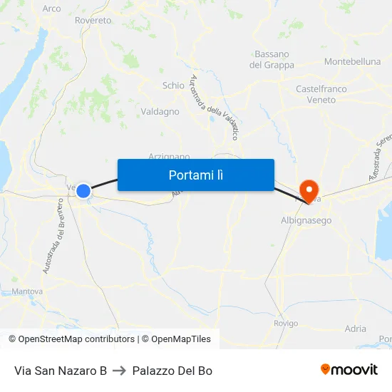 Via San Nazaro B to Palazzo Del Bo map