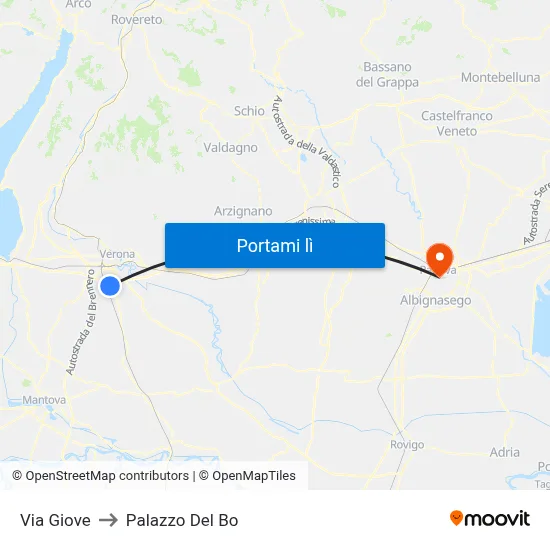 Via Giove to Palazzo Del Bo map