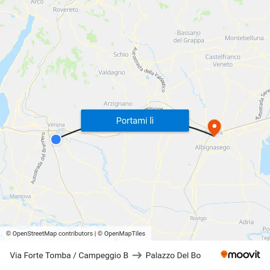 Via Forte Tomba / Campeggio B to Palazzo Del Bo map