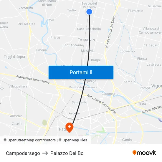 Campodarsego to Palazzo Del Bo map