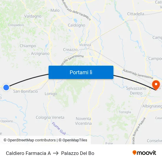 Caldiero Farmacia A to Palazzo Del Bo map