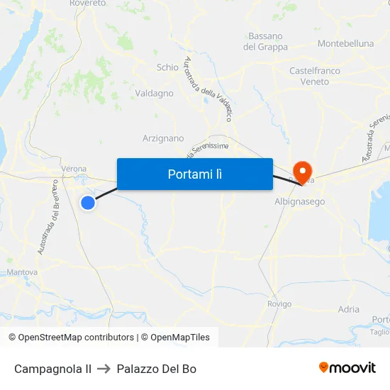 Campagnola II to Palazzo Del Bo map